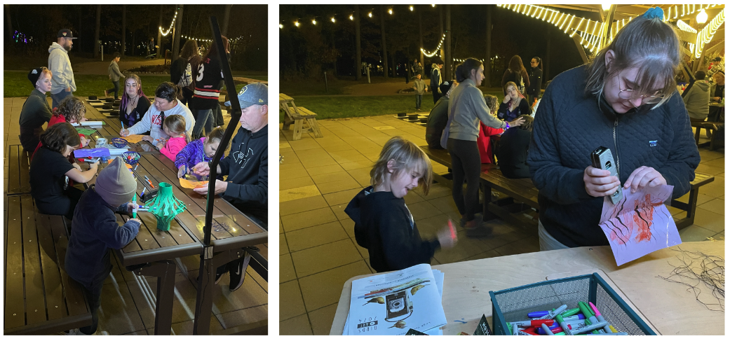 Community members of all ages created paper lanterns while enjoying to light show during Blossom of Lights at Monk Botanical Gardens.